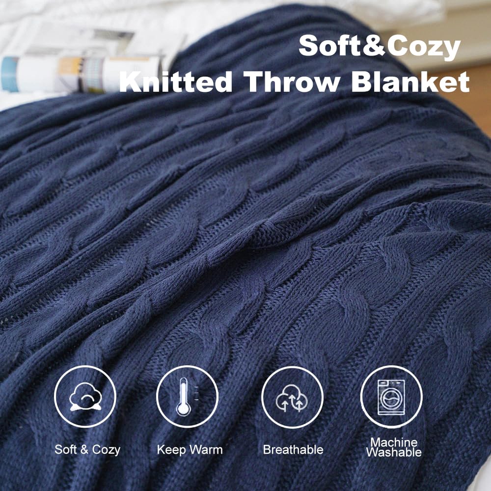 Battilo Navy Cable Knit Throw Blankets for Couch, Super Soft Warm Cozy Decorative Knitted Throw Blanket for Bed, Sofa, Chair 50"x60"
