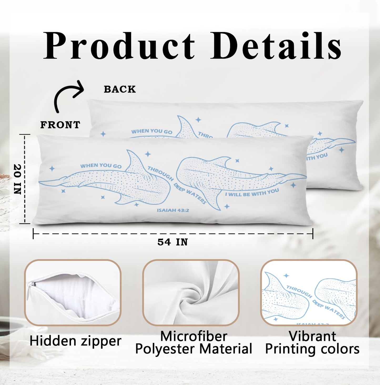 PQKIY Trendy Whale Shark Christian Body Pillow Covers 20x54,Christian Room Decor,Religious Gifts for Women, Isaiah 43:2 Bible Verse Decorative Long Body Pillow Cover for Couch Living Room Bedroom