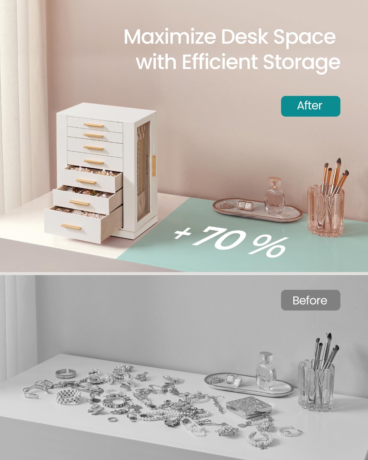 SONGMICS GISELLA Collection - Jewelry Box 360° Rotating, Jewelry Storage Case with 7 Drawers, Jewelry Organizer, Glass Window, Open Design, Great Gift, Light Warm White and Light Camel UJBC201W01