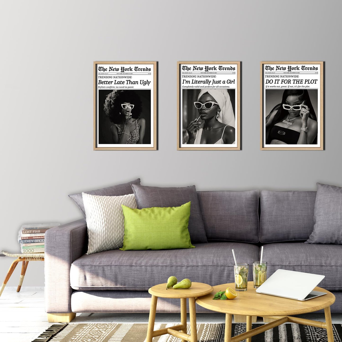 Fashion Wall Art Canvas Print Set of 3 Framed Poster Picture Modern Artwork Wall Decor Black and White Woman Canvas Artwork Poster Wall Art 12x16 Inch for Bedroom Living Room