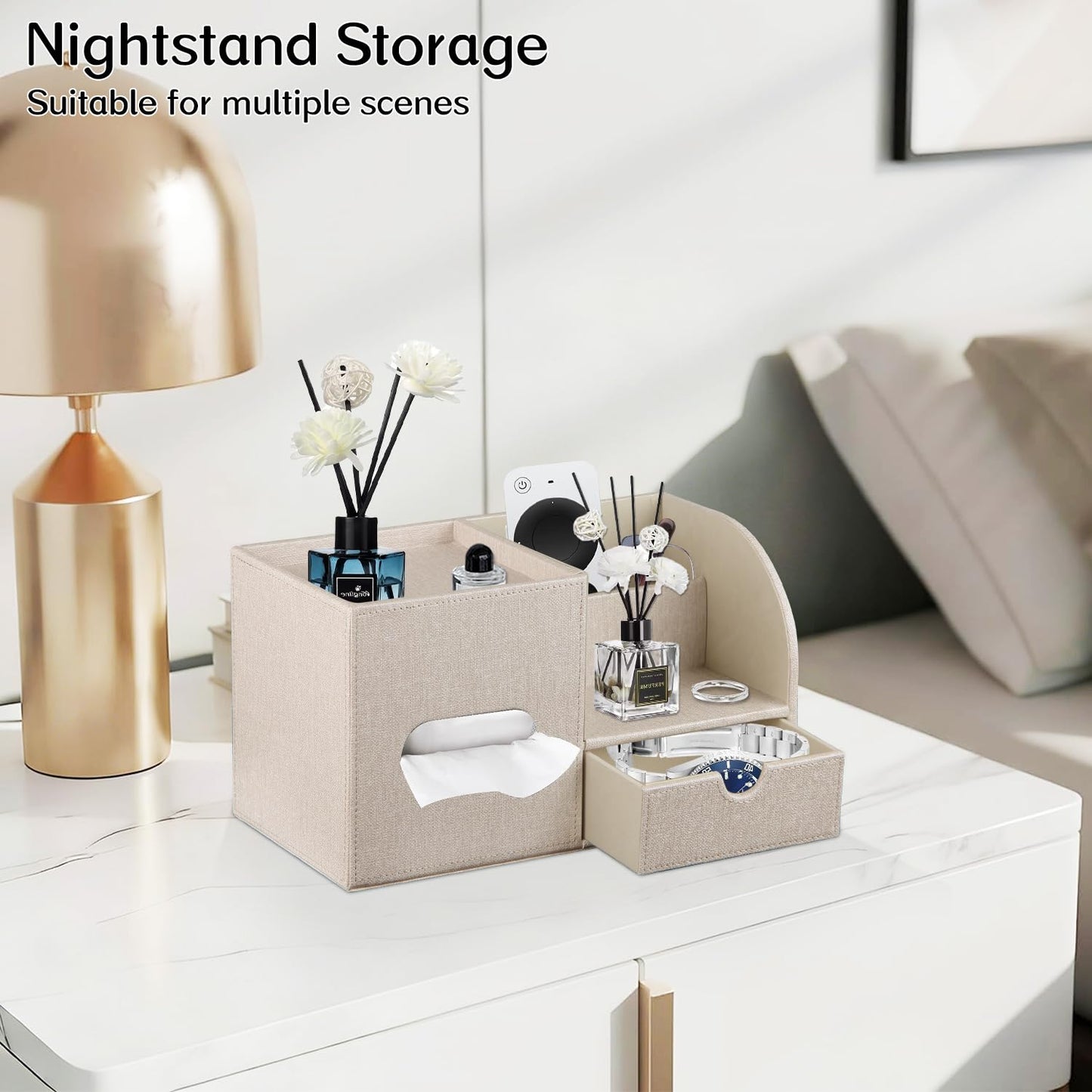 Fanousy Square Tissue Box Cover with Drawer Storage and Tray on Top, PU Leather Tissues Cube Boxes Holder, Modern Nightstand Organizer Caddy, Remote Control Holder for Bathroom, Bedside, Office, Home