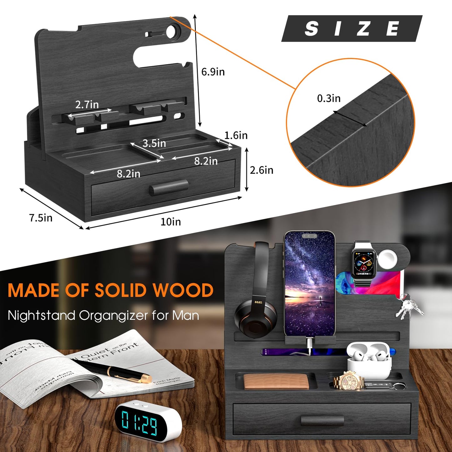 melafa365 Nightstand Organizer for Men,Phone Docking Station with Cable Management,Night Stand with Drawer,Bedside Organizer for Watches,Keys,Wallets,Gifts for Men(Black)
