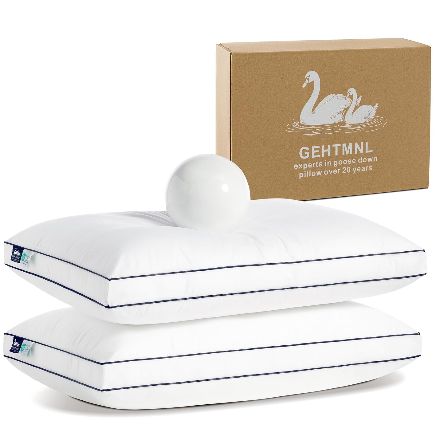 Gehtmnl Goose Down Pillows Queen Size Set of 2, Luxury Hotel Collection, 3-Chamber Gusseted Design, 100% Cotton Cover, Fluffy Yet Supportive for Side & Back Sleepers, Neck & Shoulder Support
