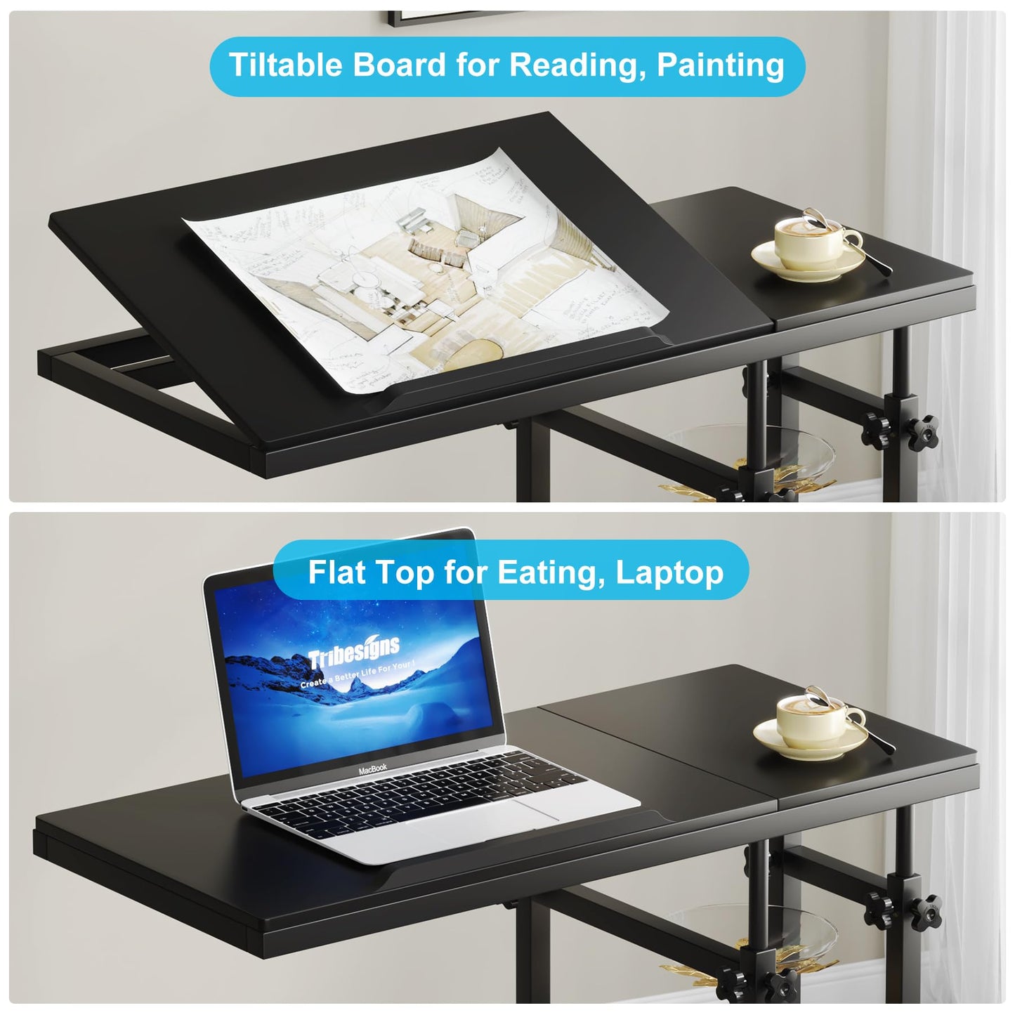 Tribesigns Height Adjustable C Table with Wheels, Mobile Couch Snack Side Table with Tiltable Drawing Board, Sofa Bedside Laptop Stand C Shaped TV Tray with Storage Shelves (Black)