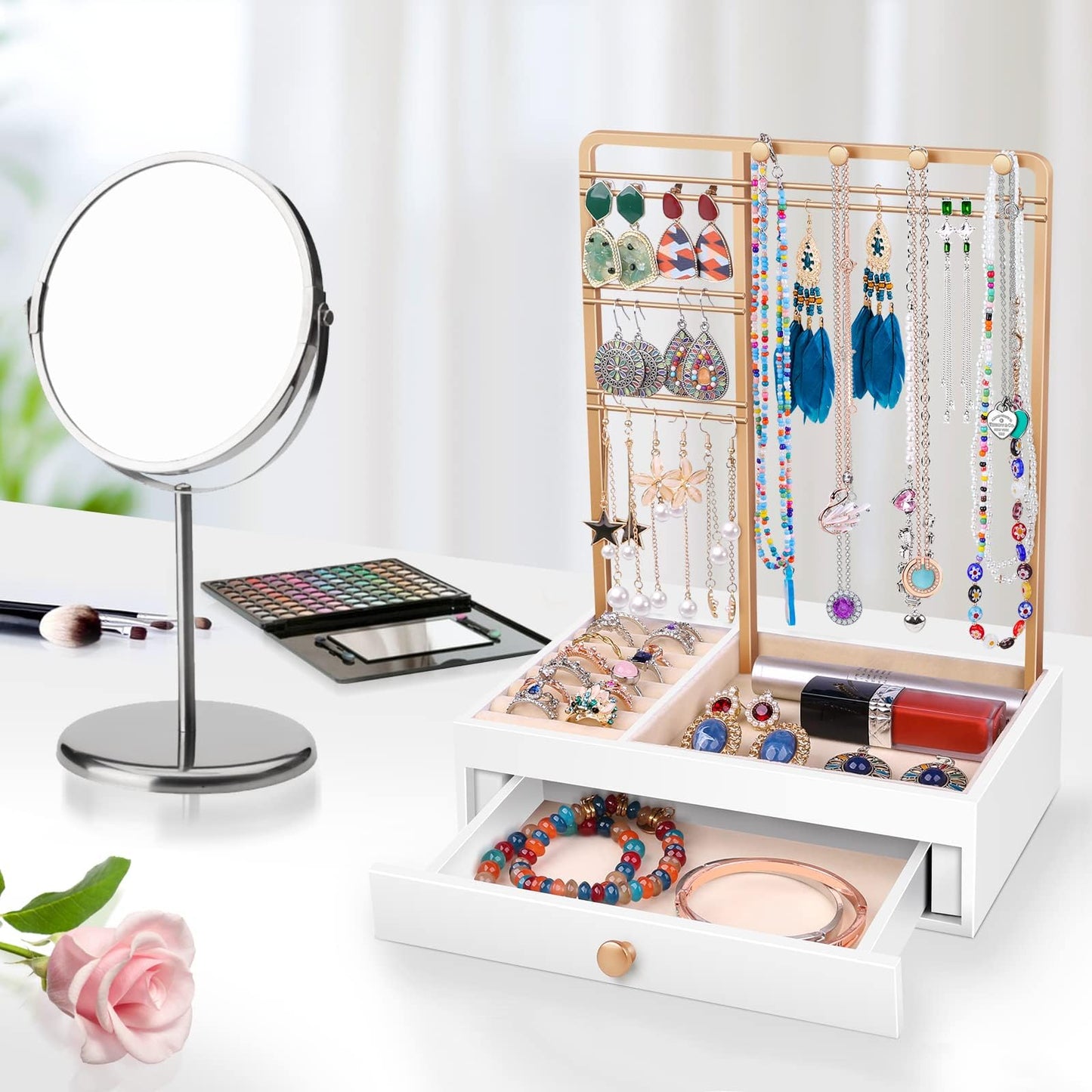 Teamkio Jewelry Stand Tree with Large White Storage Box, Tabletop Jewelry Organizer Display Tree for Necklace, Rings, Bracelets, Watches