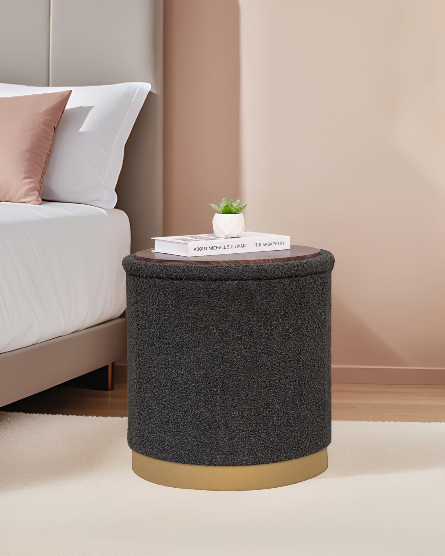 B FSOBEIIALEO Ottoman with Stroage, Round Boucle Storage Ottoman with Gold Plating Base,Foot Rest Stool for Dorm Room, Living Room Dark Grey, 16.73"x16.73"x17.72"