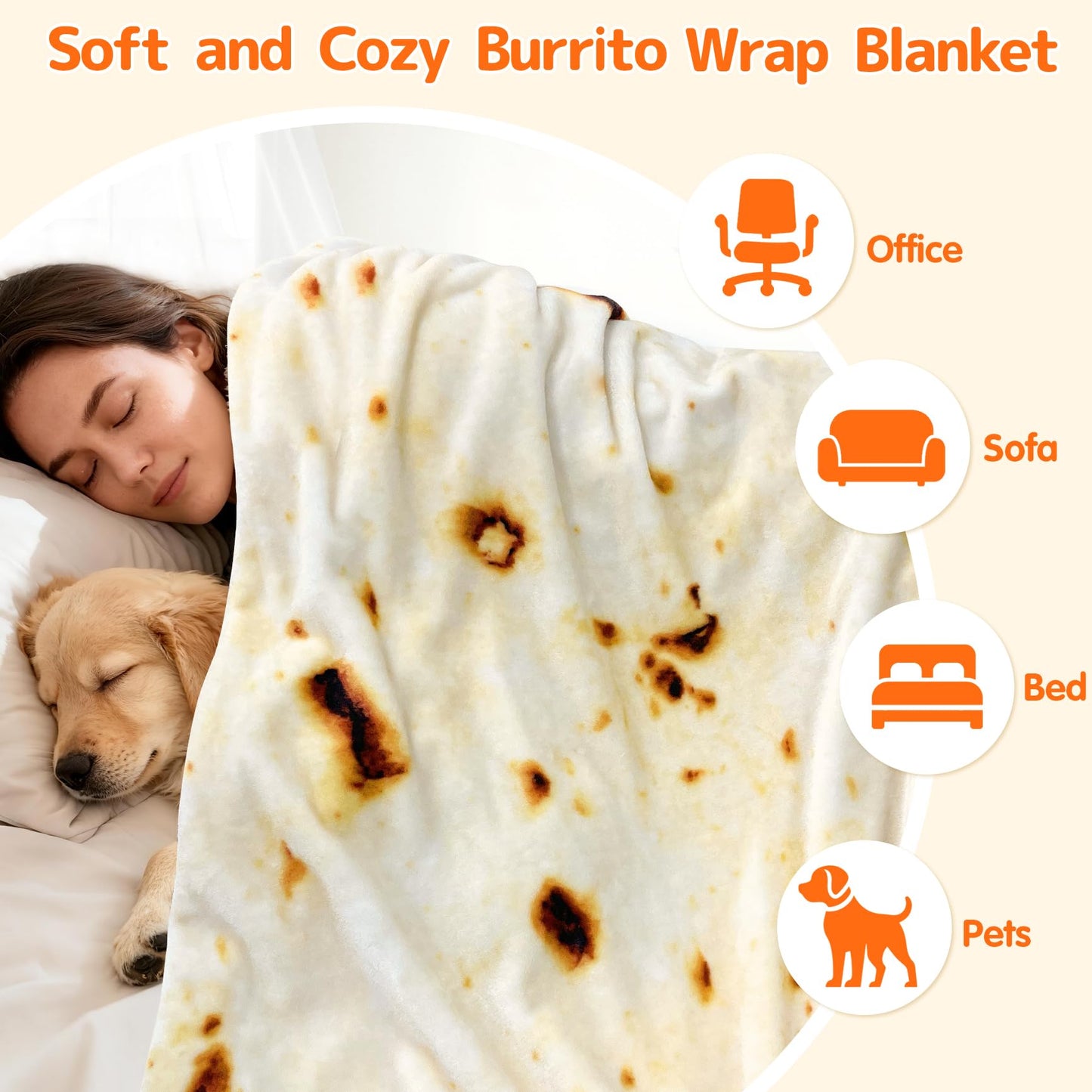 CASOFU Burrito Tortilla Throw Blanket 71 inches for Adult Kids, Novelty Tortilla Food Blanket Funny Gifts for Women Men Teens, 285GSM Soft Flannel Taco Blanket Birthday Gifts for Boys Girls(Beige)
