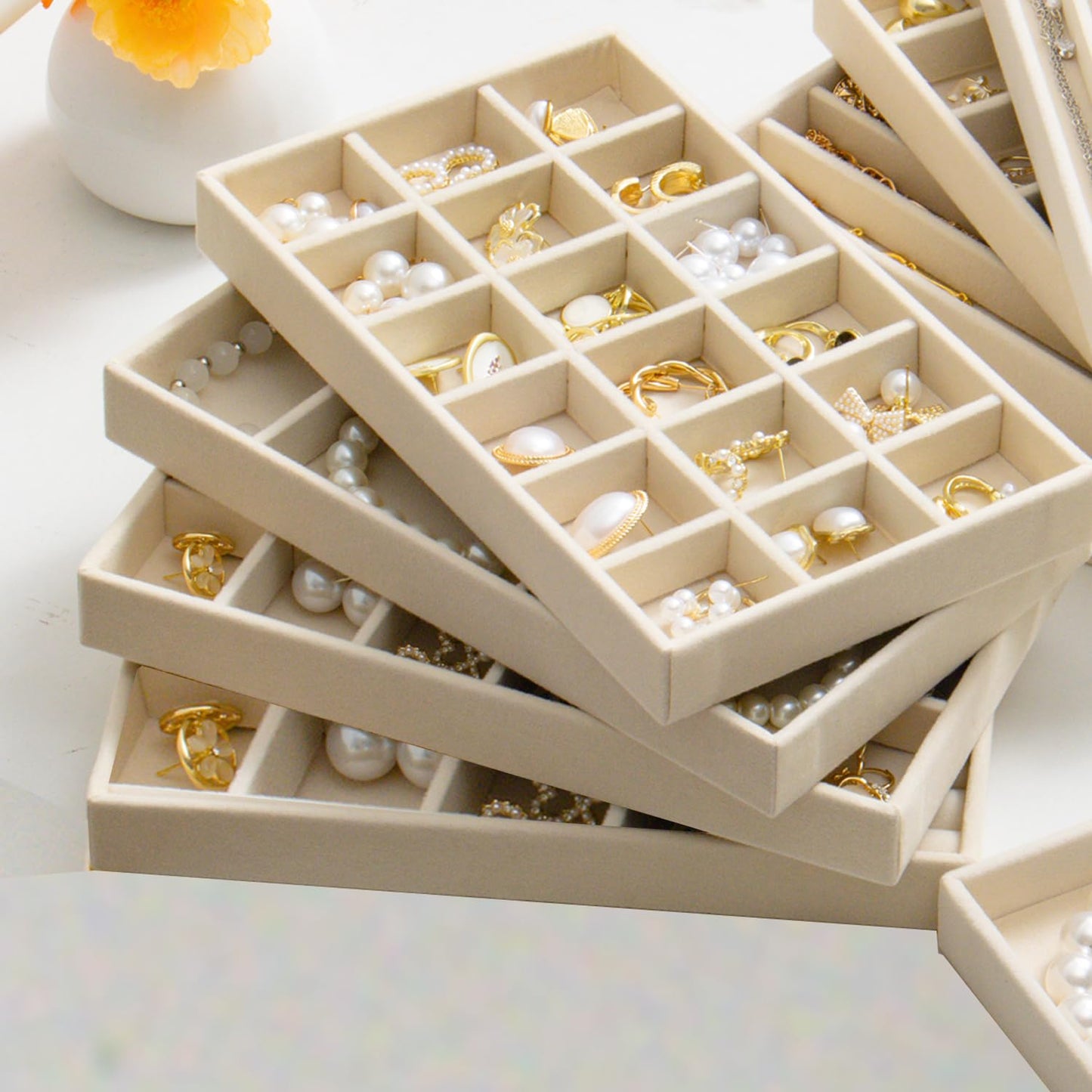 SPAKOWN Jewelry Trays Organizer for Drawer, 9 Set of Small Jewelry Display Case Storage Velvet Stackable Drawer Inserts Organizer for Necklaces Bracelets Earrings Rings (Beige)