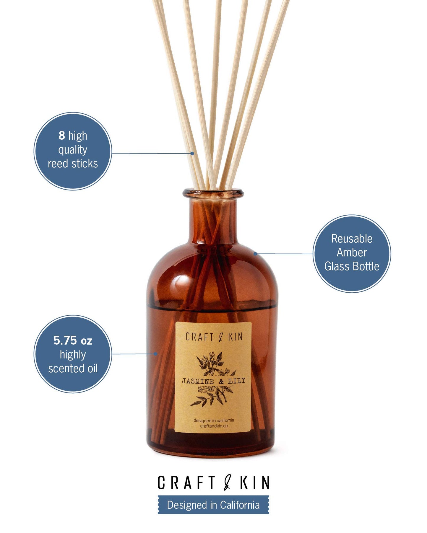 Craft & Kin Lily & Jasmine Reed Diffuser – 5.75 oz Essential Oil Diffuser for Home & Bathroom – Up to 120-Day Fragrance with 8 Rattan Scent Sticks – Amber Glass Room Decor