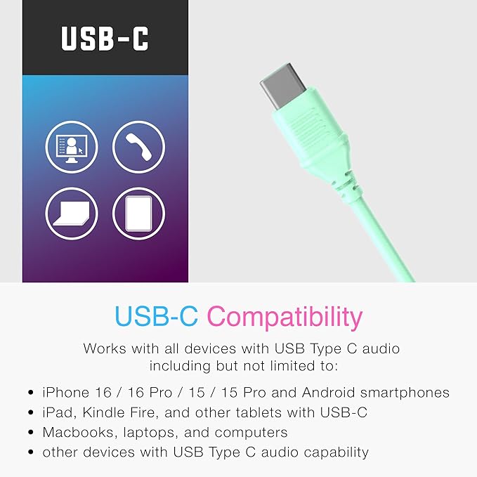 MEE audio KidJamz KJ55 Safe Listening USB-C Headphones for Children with Multicolor LED Lights, Volume Limiter, & Microphone; On-Ear Wired Kids Headset for iPhone 16, iPad, & USB Type C Devices (Mint)