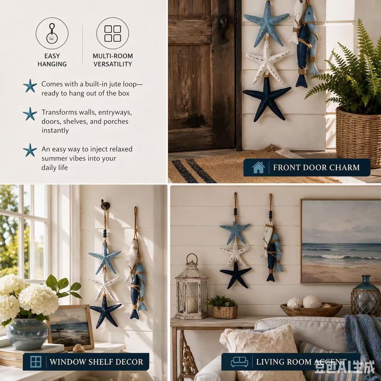 Lighted Coastal Wooden Fish Wall Decor for Bathroom Porch Beach House