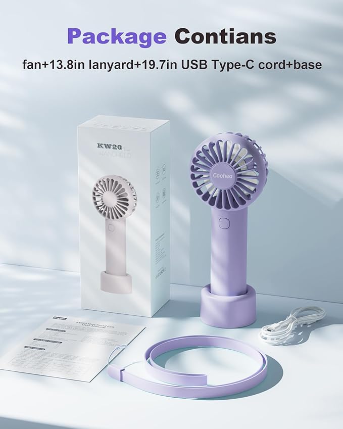 Coohea Mini Handheld Fan, Small Cute Design, 3 Powerful Speeds, USB Rechargeable Battery Operated, Portable Personal Fan with Base & Lanyard, for Eyelash Makeup Travel Beach Office Desk, Purple