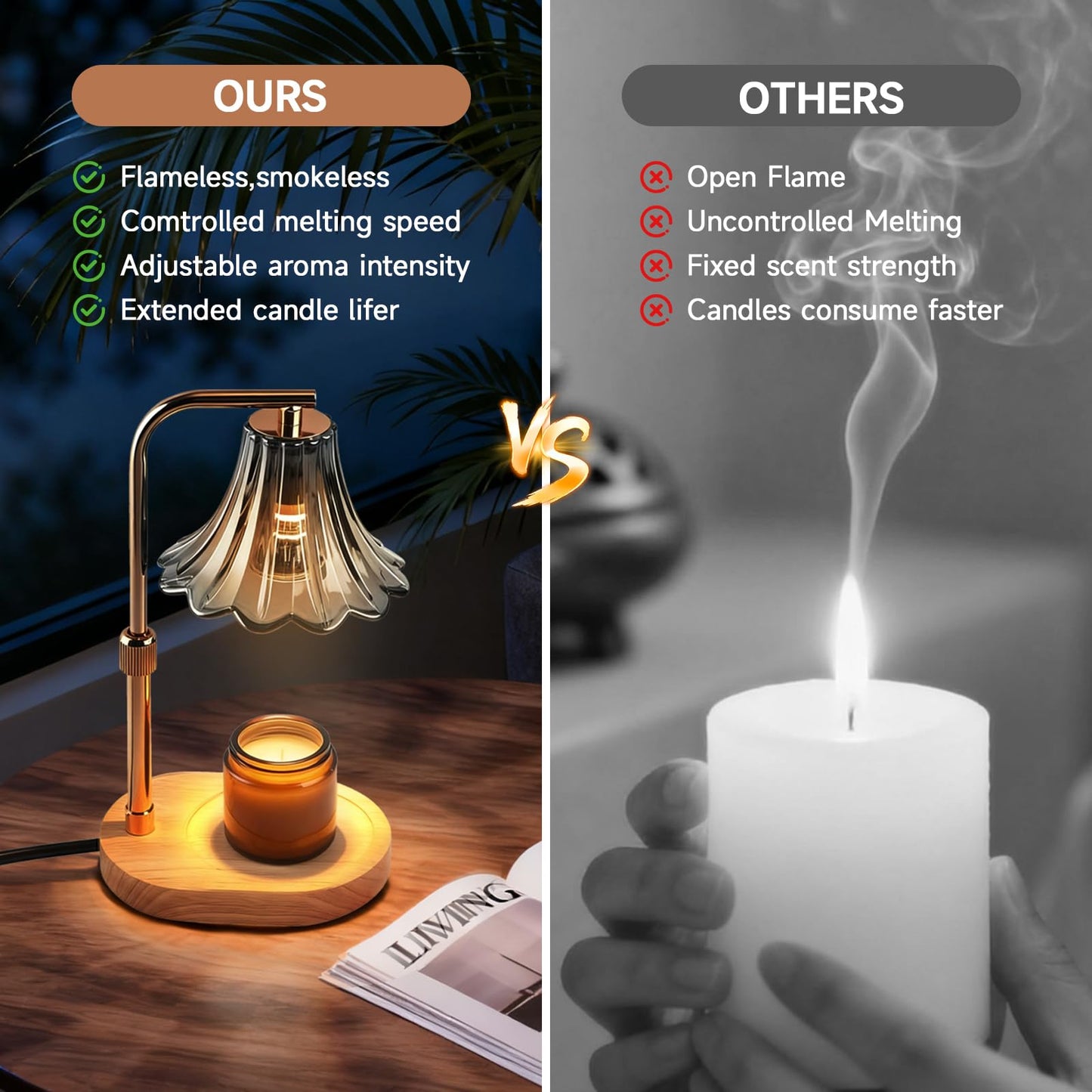 Candle Warmer Lamp with Timer and Dimmer - Adjustable Height Wax Melter for Scented Jar Candles, Vintage Glass Shade with Wood Base, Birthday Gifts for Women Mom, Housewarming Gifts, 2 Bulbs Included