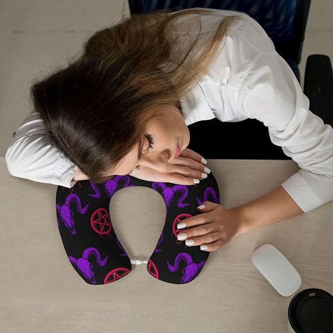 Neck Travel Pillow, Breathable Memory Foam Chin & Head Support Cushion Mystical Ram Skull for Airplane Car Sleeping Rest