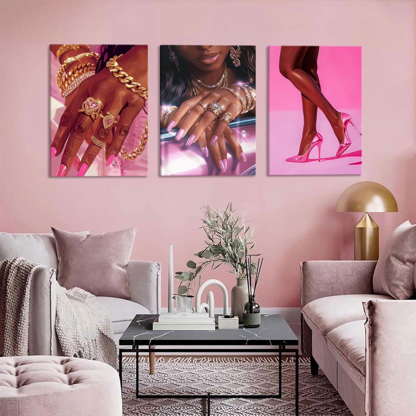 Pink Fashion Black Girl Canvas Wall Art Set of 3 African American Black Woman Posters Wall Decor Fashion Black Woman Pictures Prints for Living Room Bedroom Artwork Home Decoration 12x16Inch Framed