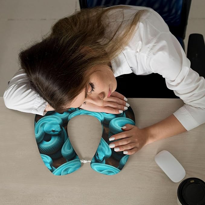 Travel Neck Pillows for Sleeping Rest Car Airplanes Mint Green Snake Print, Memory Foam with Removable Breathable Zipper Cover Washable for Men Women