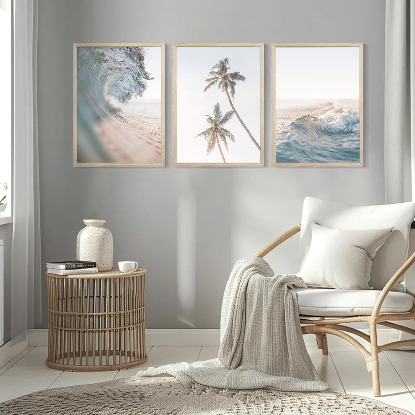 Lhoiplme Beach Wall Art Decor Coastal Ocean Poster Palm Tree Canvas Wall Decor Beachy Room Aesthetic Pictures Blue Waves Prints Beach Coasta Artwork for Bedroom Living Room 12x16 Inch Framed Set of 3