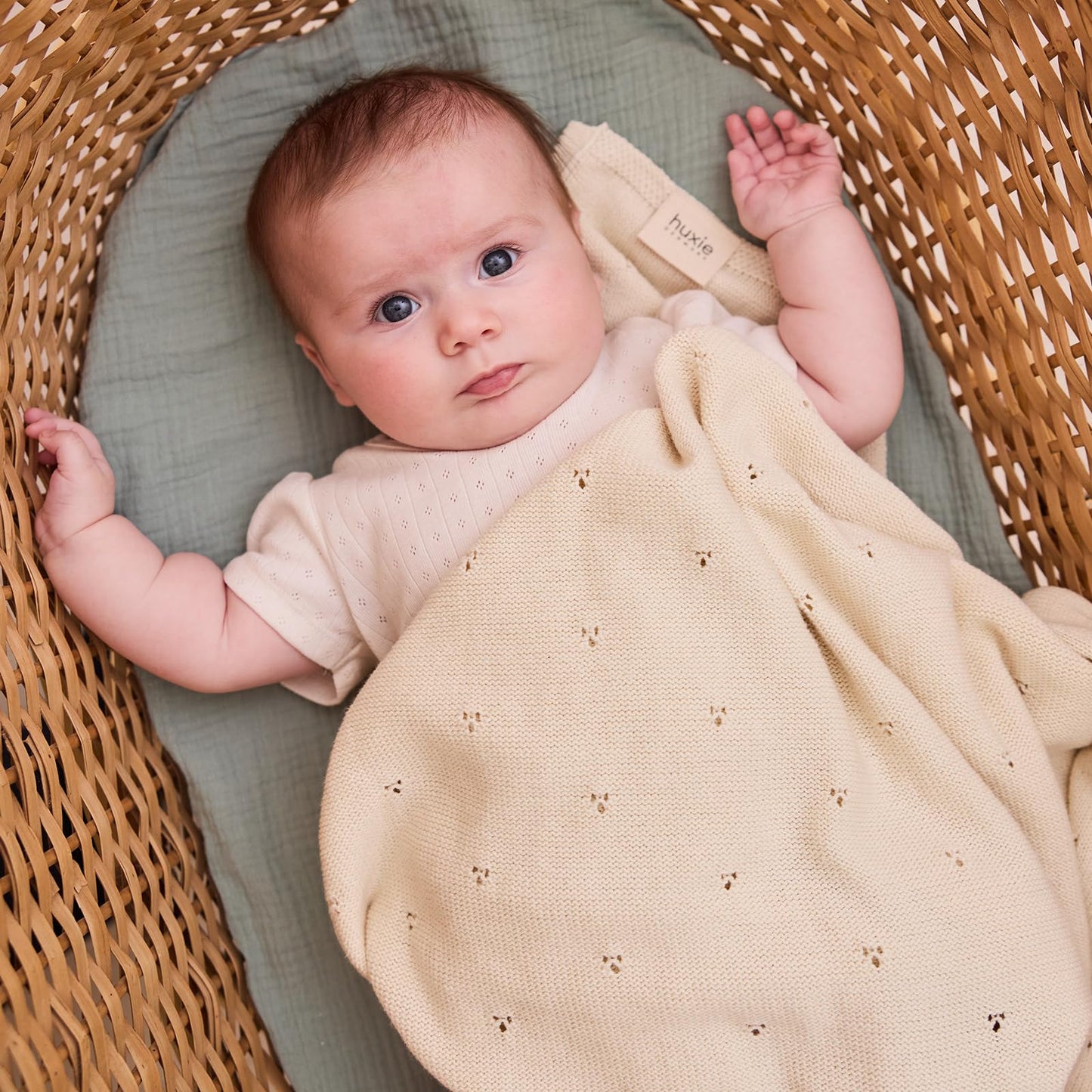 Huxie 100% Organic Cotton Knit Receiving Baby Boy Blanket for Newborns - Soft, Breathable Blanket for Crib & Stroller - Nursery Gift (Ivory)