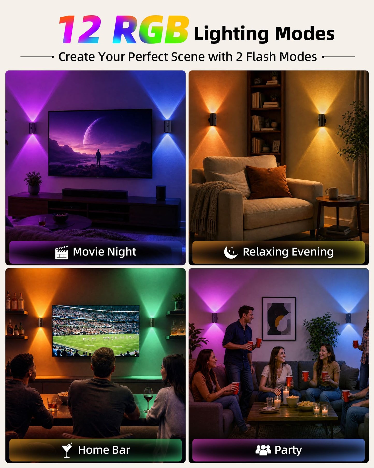 EZVALO Motion Sensor Wall Lights, Rechargeable Battery Operated LED Wall Sconce with Remote, 3 Color Temps & RGB, Peel and Stick Wall Lamps for Hallway, Stairway, Living Room (2 Pack, Black)