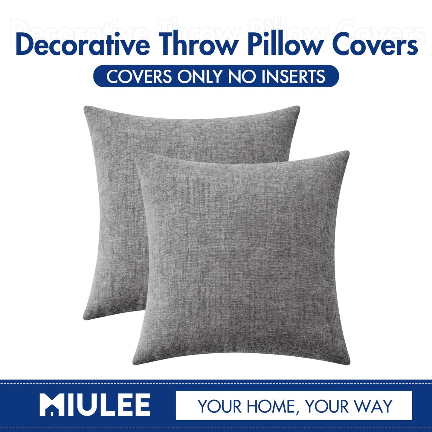MIULEE Pack of 2 Couch Throw Pillow Covers 18x18 Inch Soft Dark Gray Chenille Pillow Covers for Sofa Living Room Solid Dyed Pillow Cases