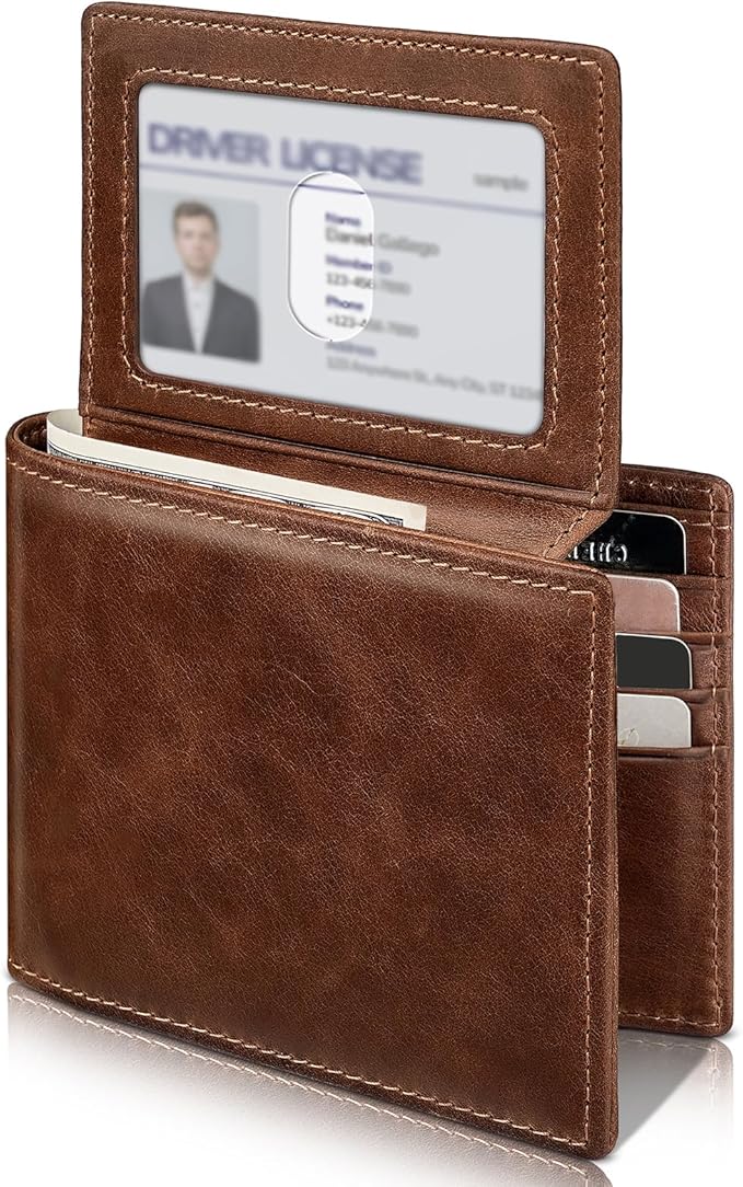 Artpaxy Mens Wallet Genuine Leather Bifold RFID Blocking Wallet for Men with 2 ID Windows 12 Card Holders 2 cash pockets 1 Gift Box