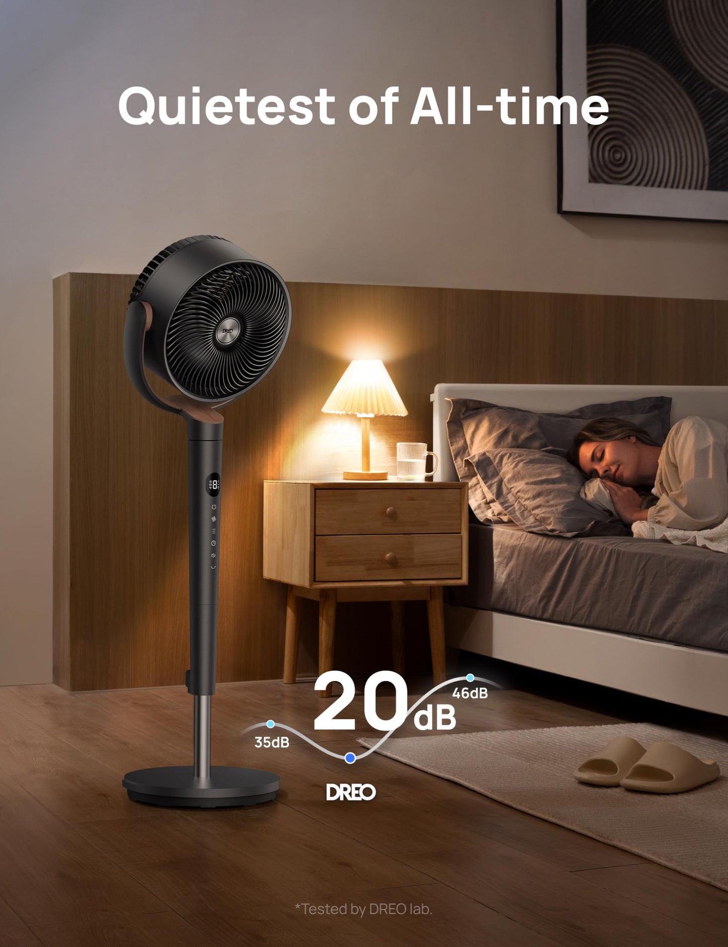 DREO Fan for Bedroom, 120Β° Oscillating Standing Fans, Quiet Floor Fan with DC Motor, 100ft Pedestal Fans for Room, 9 Speeds, 4 modes, 20dB, 120Β° Manual Vertical, 37-42" Adjustable Height, 8H Timer