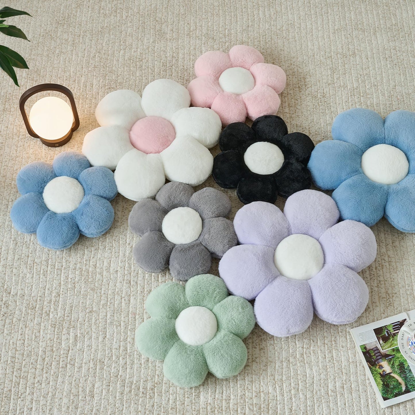 PLAYSKY Flower Pillow, Decorative Throw Pillows for Couch Bed, Cute Daisy Home Decor Flower Shaped Pillows for Bedroom Living Room (Black, 19.6 Inches)