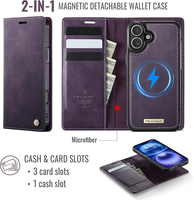 PlusnapX Wallet Case for iPhone 17 Compatible with Magsafe, 2-in-1 PU Leather Flip RFID Blocking Card Holder Stand Shockproof Magnetic Detachable Cover for iPhone 17 Case 6.3", Retro Purple
