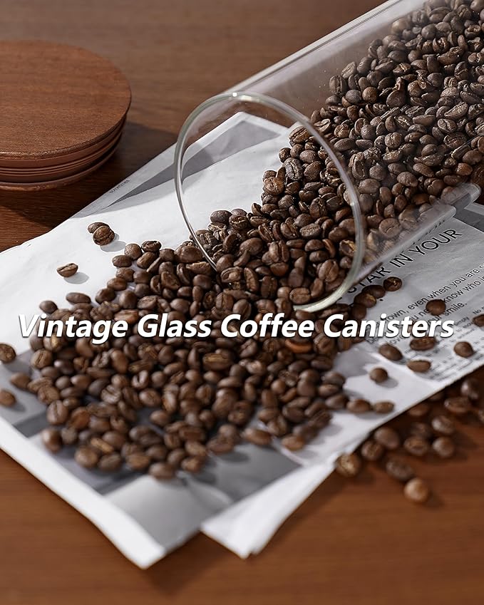 BOILMERIT 2PCS of 50floz Round Coffee Canister with Wooden Lids, Airtight Glass Coffee Jars for Ground Coffee, Coffee Beans Storage Container