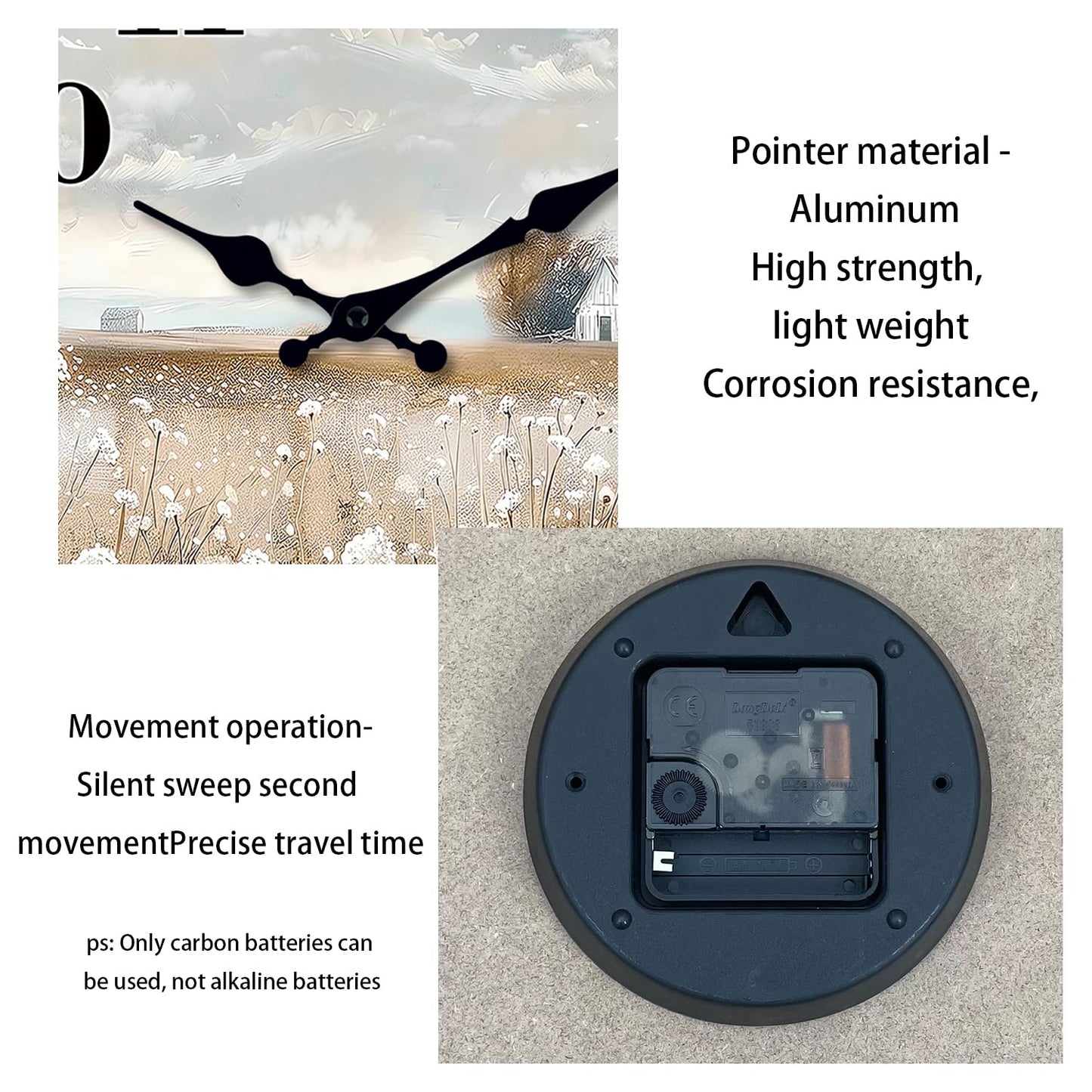 XFM Farmhouse Wall Clock Battery Operated 10 Inch Silent Non-Ticking Wooden Wall Clocks Country Flower Field Clock for Kitchen Living Room Bedroom Decor
