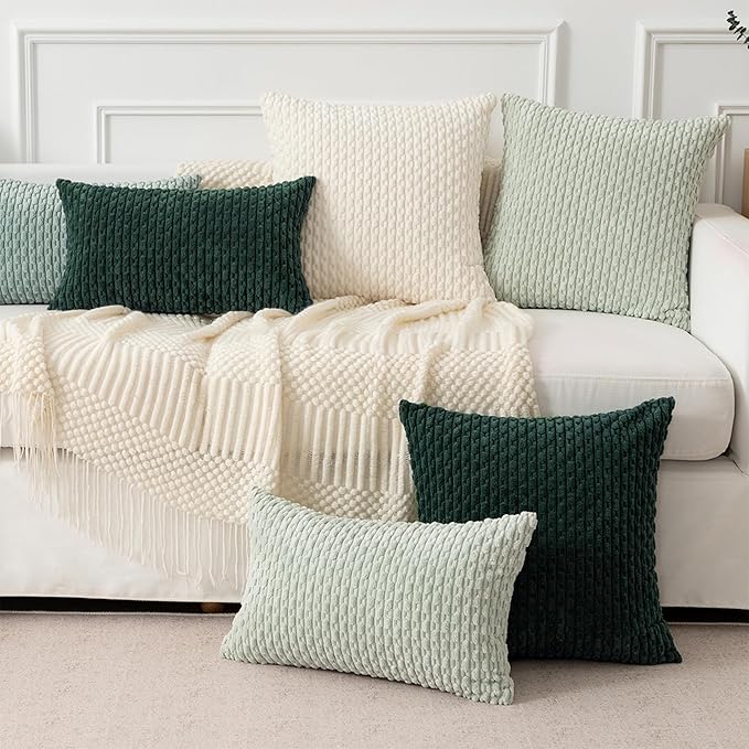 Kevin Textile Decorative Pillow Covers Set of 2 Striped Plush Corduroy Pillows Pillowcases Boho Home Decor Cushion Covers for Couch Sofa Bed Living Room 16x16 Inch, Army Green