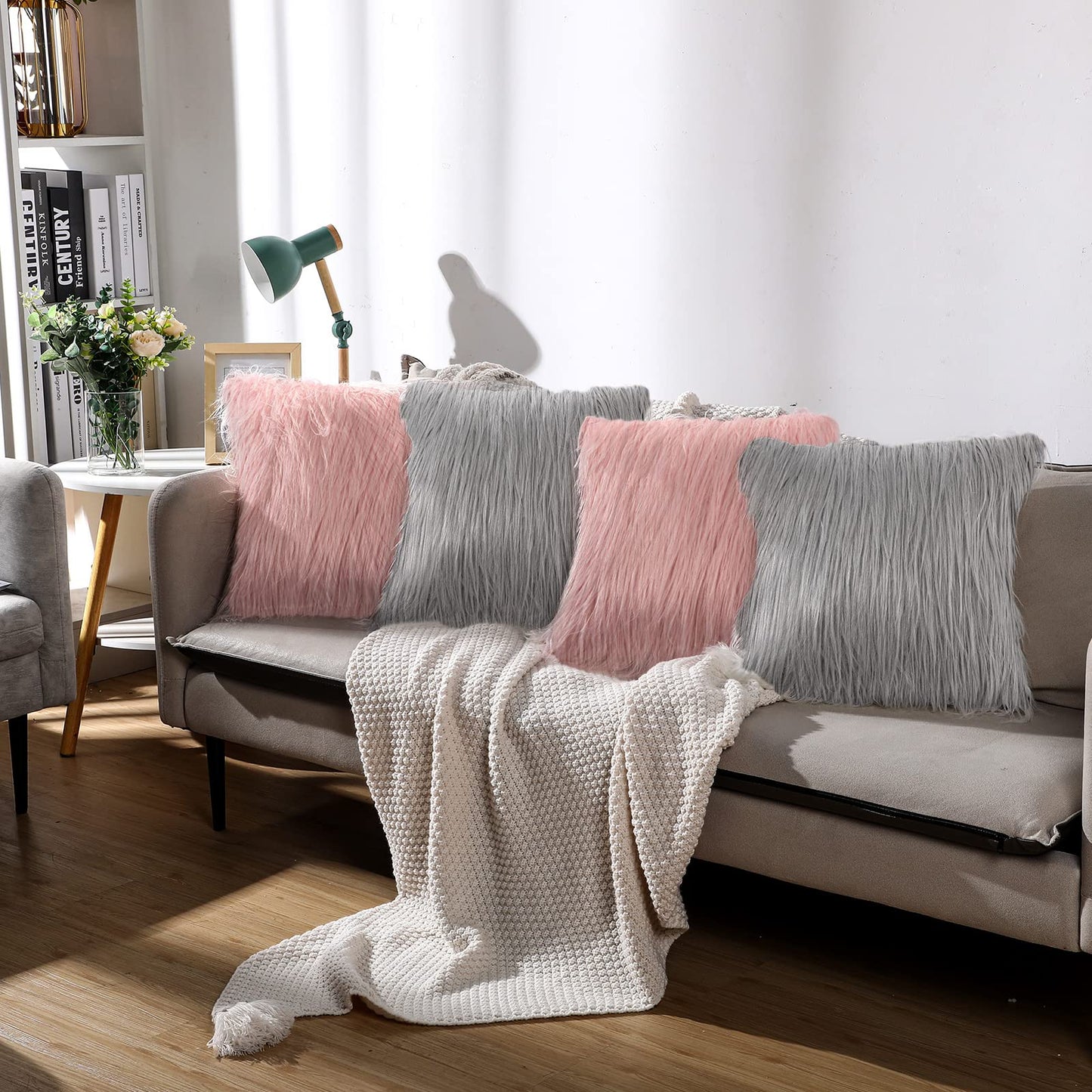 Irenare 4 Pack Faux Fur Throw Pillow Covers Square Cushion Cover Fuzzy Pillow Case Soft Decorative Pillowcase for Sofa, Couch, Chair, Bed, 16 x 16 Inch (Pink, Gray)