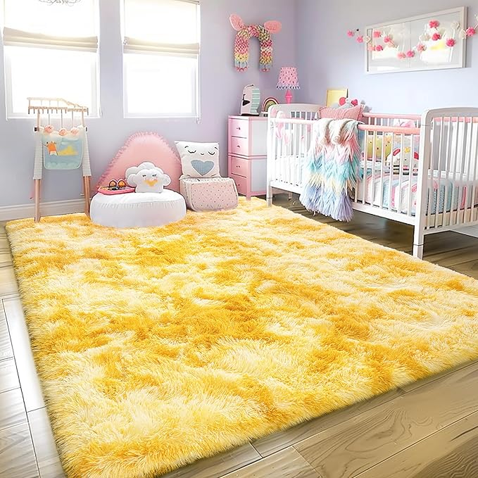 Large 9x12 Area Rug for Living Room, Soft Shag Thick Fluffy Plush Fuzzy Carpet for Bedroom, Non Slip Dorm Rug for Home Decor Aesthetic, Tie-Dyed Yellow