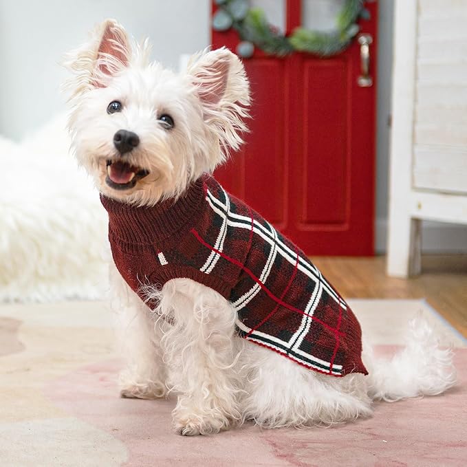 PUPTECK Dog Christmas Sweaters for Large Medium Small Dogs - Fall Classic Plaid Style Puppy Holiday Winter Coat Clothes Warm, Deep Red, ML
