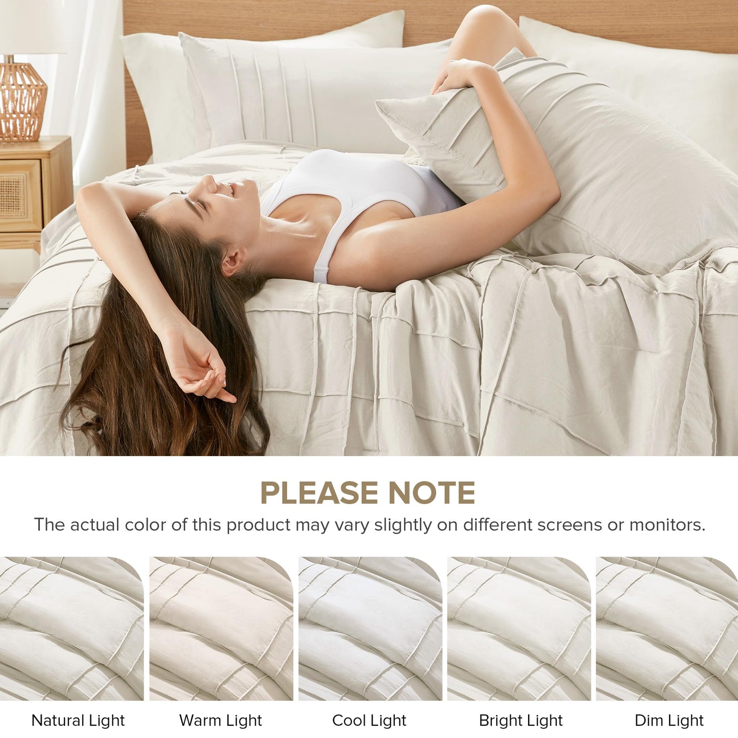 Comfort Spaces Cream Queen Size Comforter Set - 3 Pieces Pintuck Pleated Bedding Sets, All Season Lightweight, Extra Softness Pre-Washed Microfiber Queen Bed Set, Shams