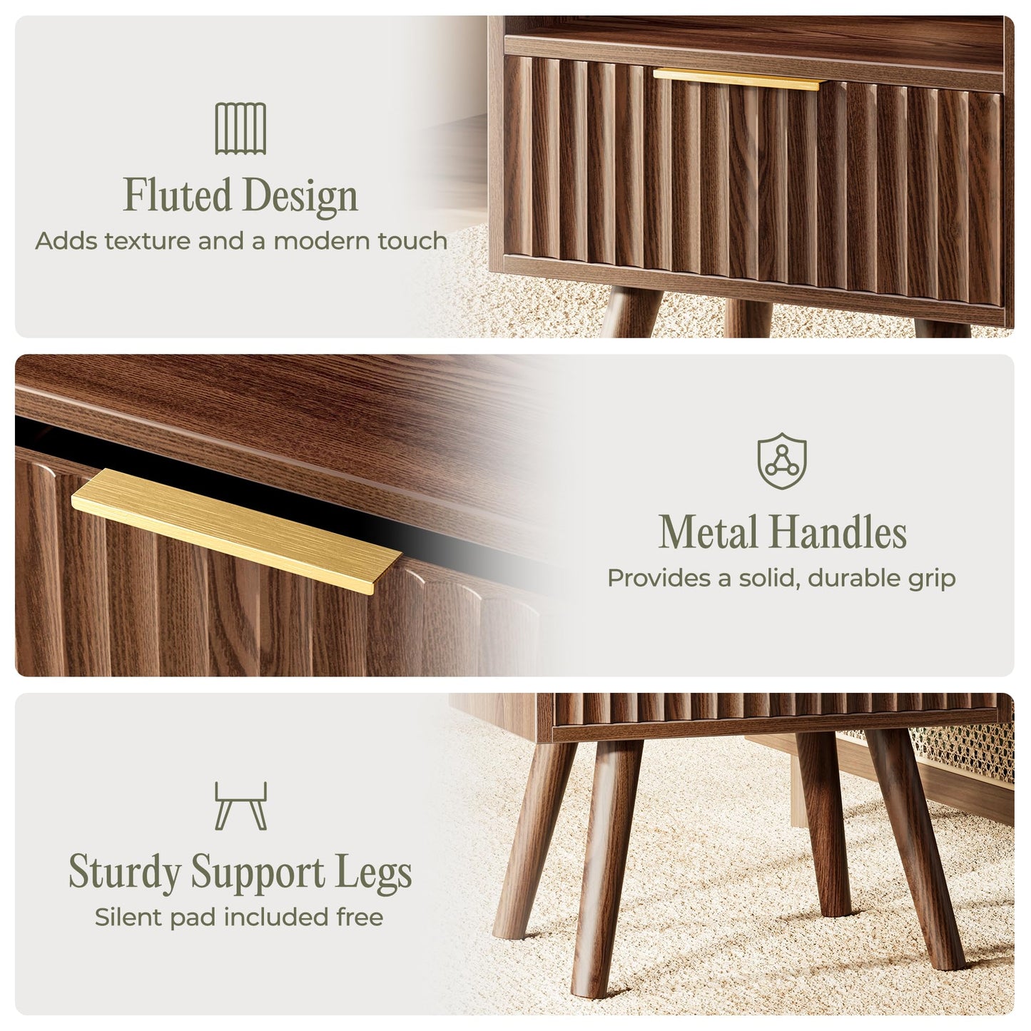 Huuger Nightstand with Charging Station, USB-C Port, Fluted Night Stand Set of 2, Bed Side Table with Drawer, Solid Wood Feet, Open Storage, End Table with Raised Edge, for Bedroom, Walnut