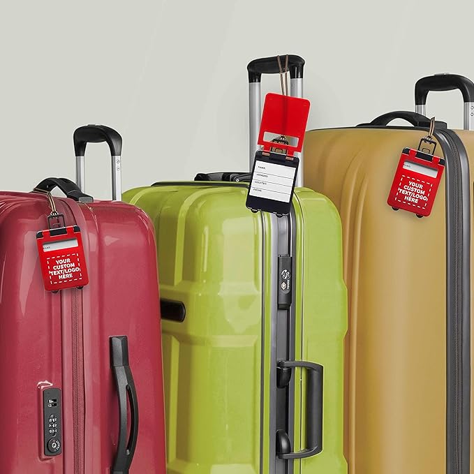 10 Mini Carry-on Luggage Tags Pack - Customizable Text, Logo - Flip Open Cover, ID Sticker - Red
