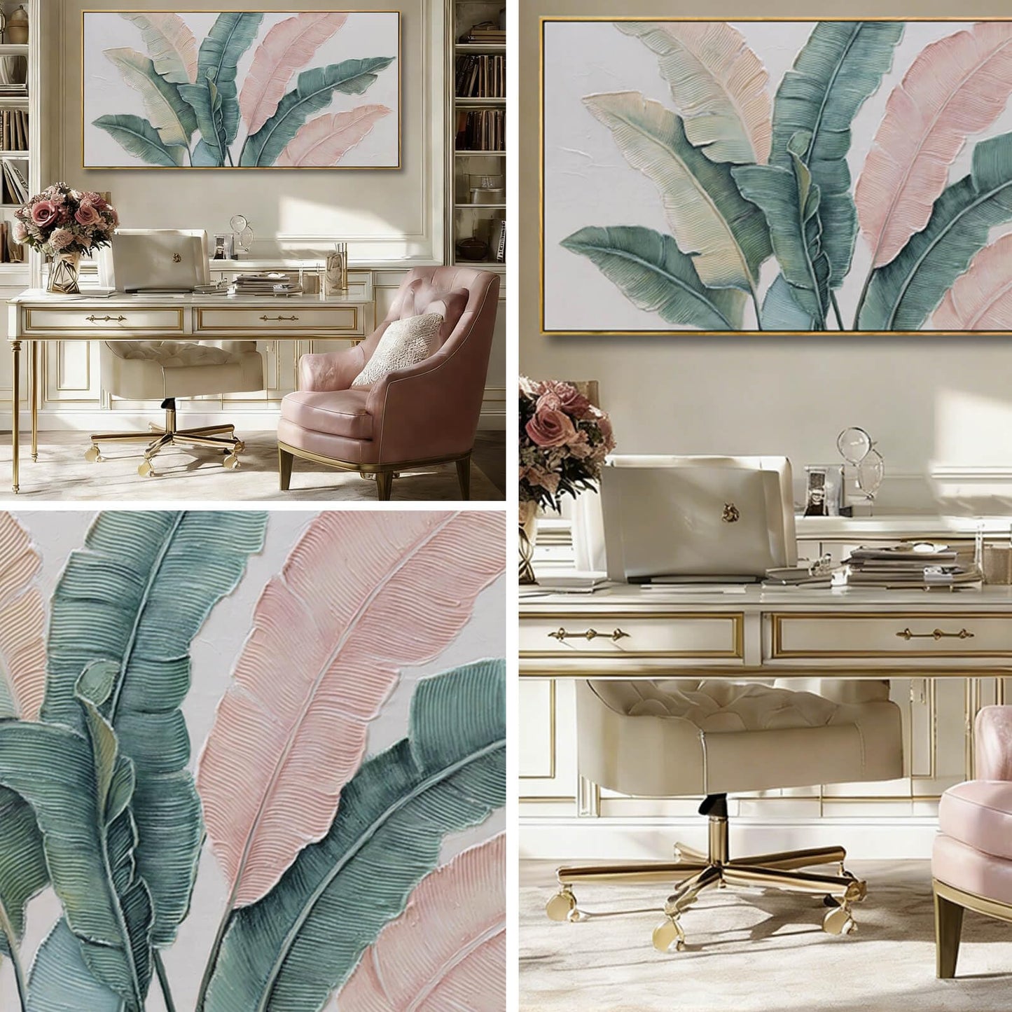 Tropical Green and Pink Leaf Wall Art 24x48 Inch, Large Framed Canvas Prints with Wooden Frame, Botanical Home Decoration for Bedroom Living Room or Office