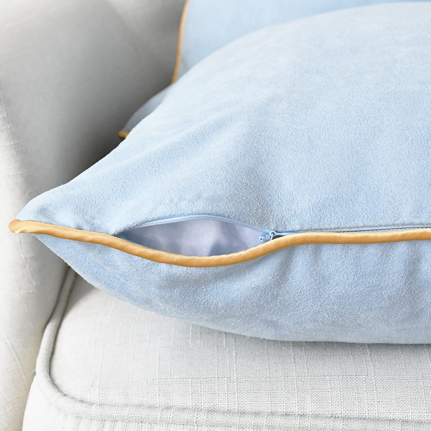 CaliTime Throw Pillow Covers Pack of 2 Super Soft Faux Suede Gold Piping Edge Accent Cushion Case for Couch Bed Sofa Farmhouse Decorative 18 X 18 Inches Light Blue