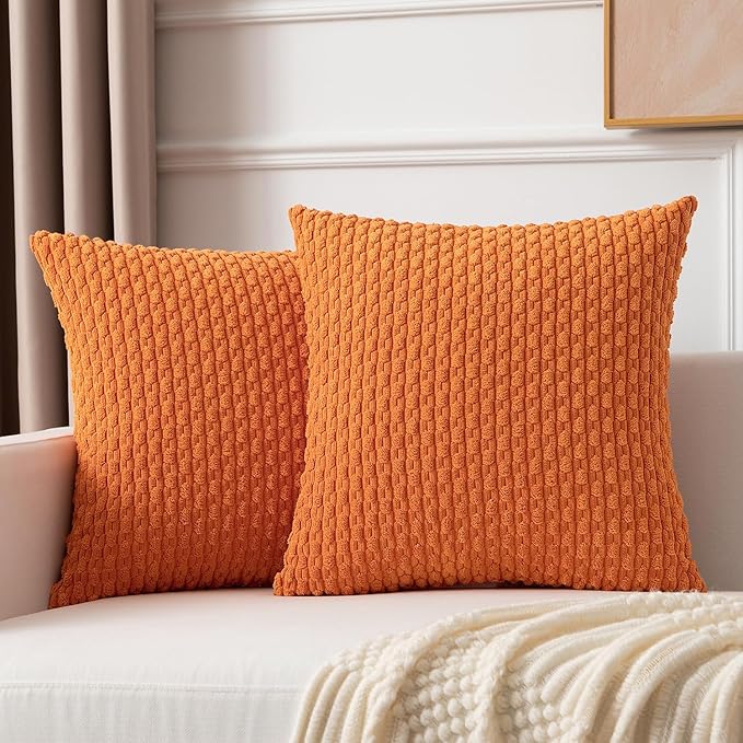 Kevin Textile Fall 2 Packs Decorative Throw Pillow Covers 20x20 Inch for Couch Bed Sofa Modern Farmhouse Boho Home Decor Soft Cute Plush Corduroy Cushion Case Orange 50x50 CM
