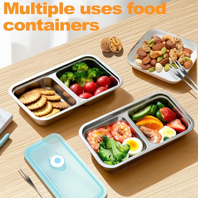 vovoyager Stainless Steel Snack Containers with Lids, Reusable Bento Lunch Container Box, Food Storage, Leak Proof, Dishwasher-Safe, Grab and Go for Work, 2 Pack-Double Compartment