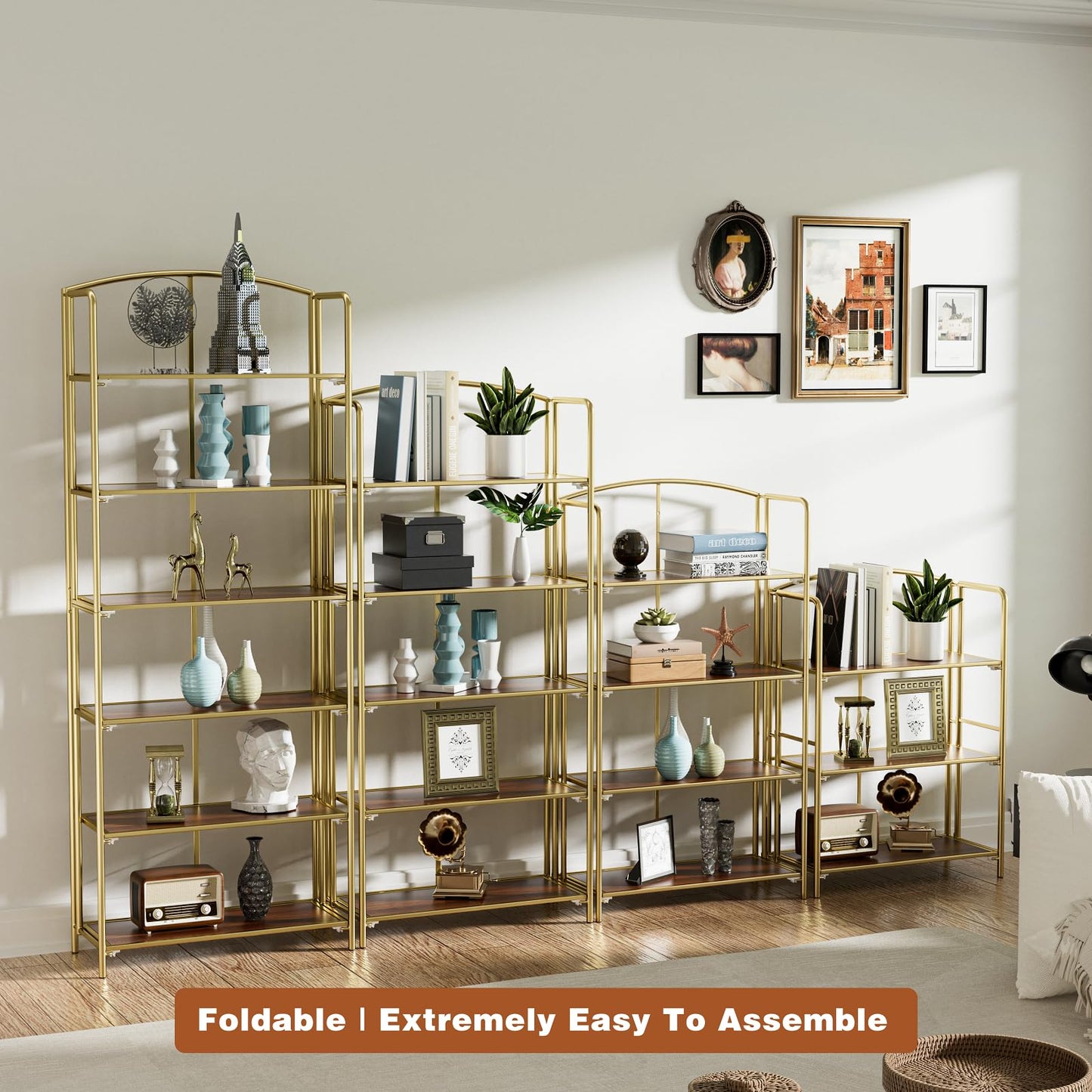 Crofy 3-Tier Wider Foldable Bookshelf, Gold Frame & Walnut Shelves