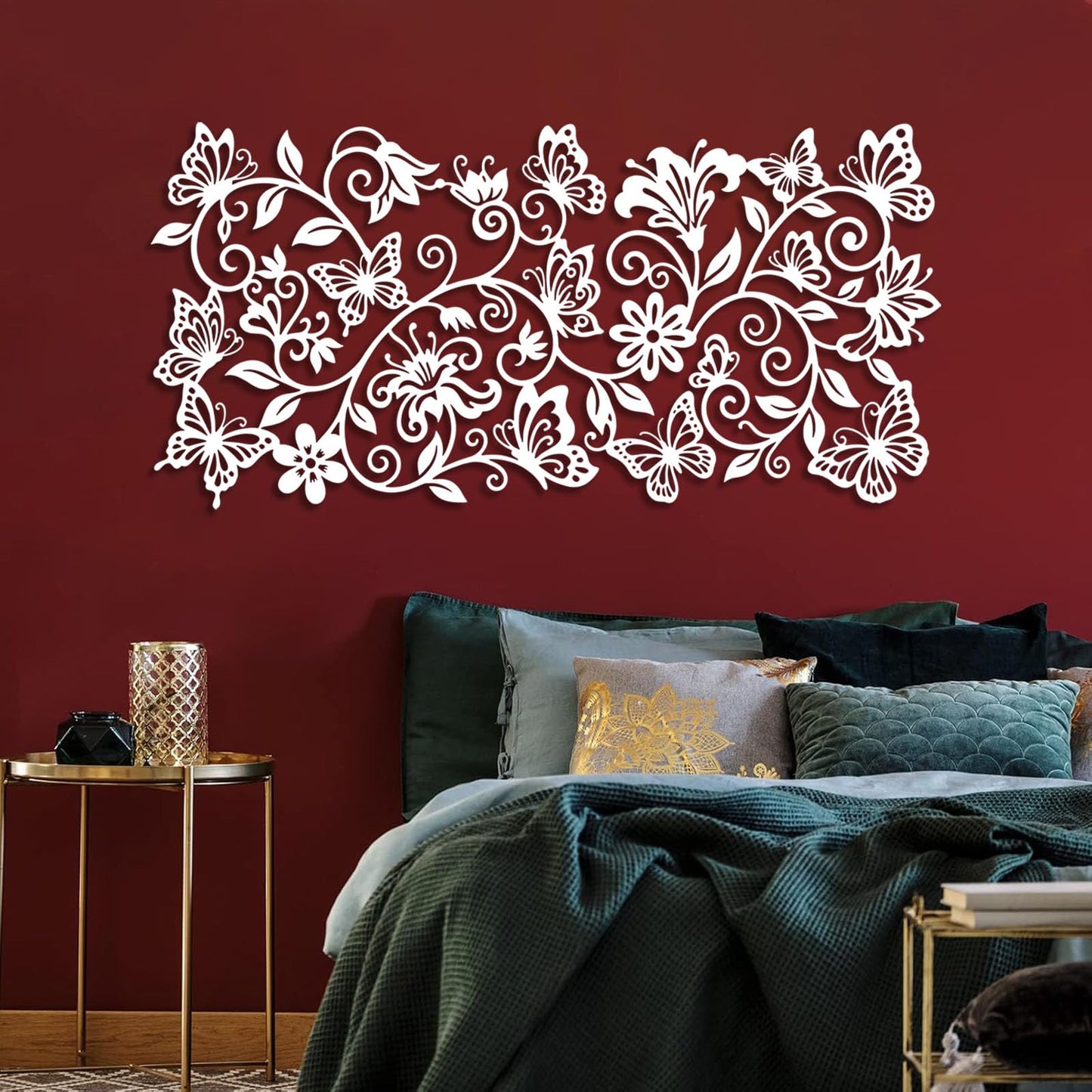 Cobomv Butterfly Floral Metal Wall Art, Butterfly with Flowers Metal Wall Decor, Boho Wall Art, Butterflies Decoration, Nature Home Decor for Living Room, Outdoor, Garden (Silver, 19"x9"/47x23cm)