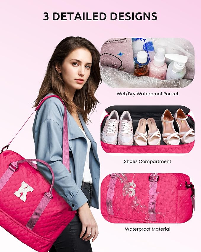 Vogewood Personalized Women's Initial Travel Bag with Shoe Compartment, Hot Pink, K