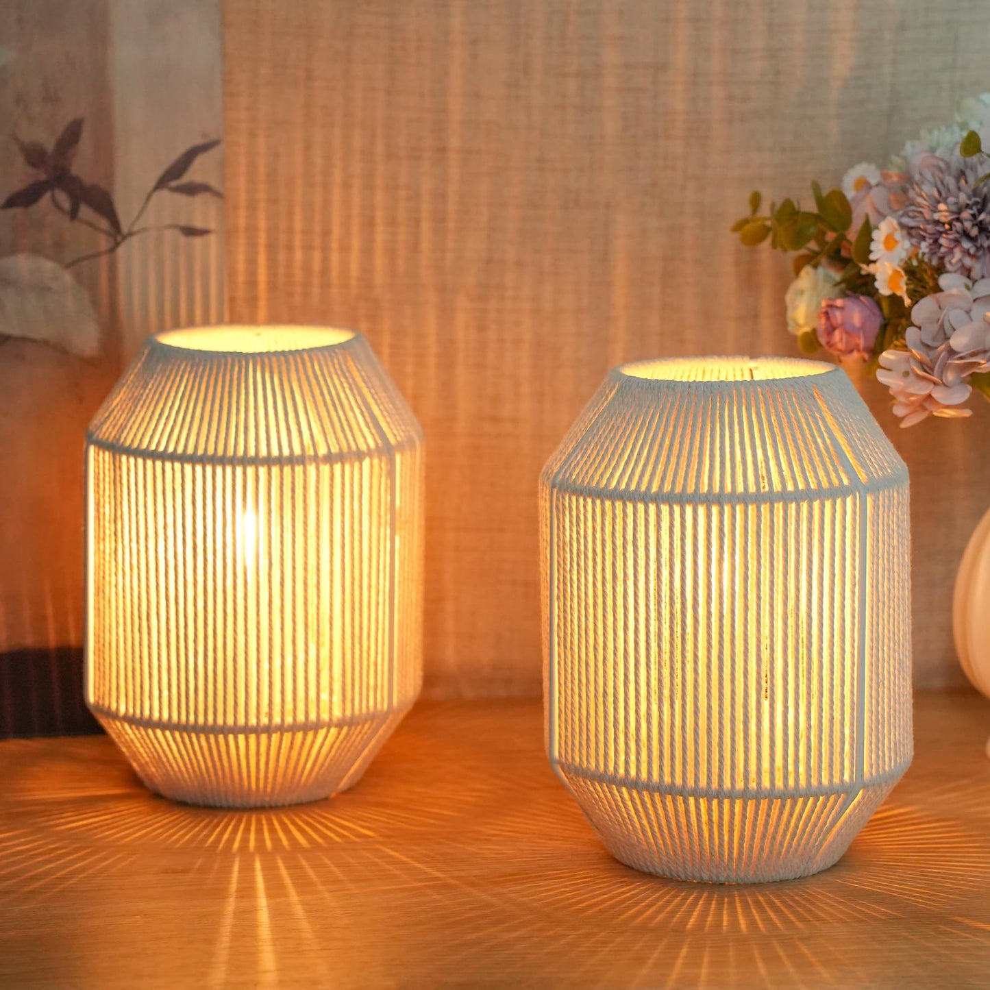 JHY DESIGN Set of 2 Woven Lampshade Table Lamps 8.5" H Cotton Rope Bedside Lights Cordless Decorative Battery Operated Lamps with 6 Hours Timer for Bedroom Living Room Weddings Parties Patio