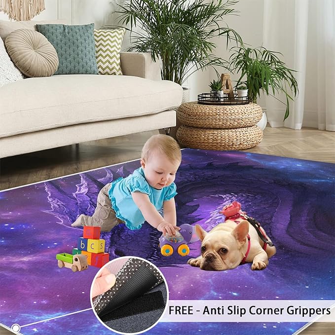 Dragon 5x7 Area Rug Starry Sky Washable Rugs for Living Room Bedroom, Fantasy Animals Soft Low Pile Non Slip Accent Floor Mat Print Throw Rug Indoor Carpet Dining Room Playroom