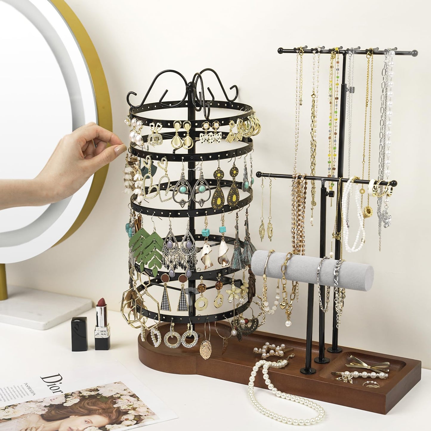 SMFANLIN Jewelry Organizer Stand, Metal Rotating Earring Holder Organizer, Multi-Functional Adjustable Necklace Rack Holder Bracelet Watch Holder for Jewelry Earrings Ring, Black