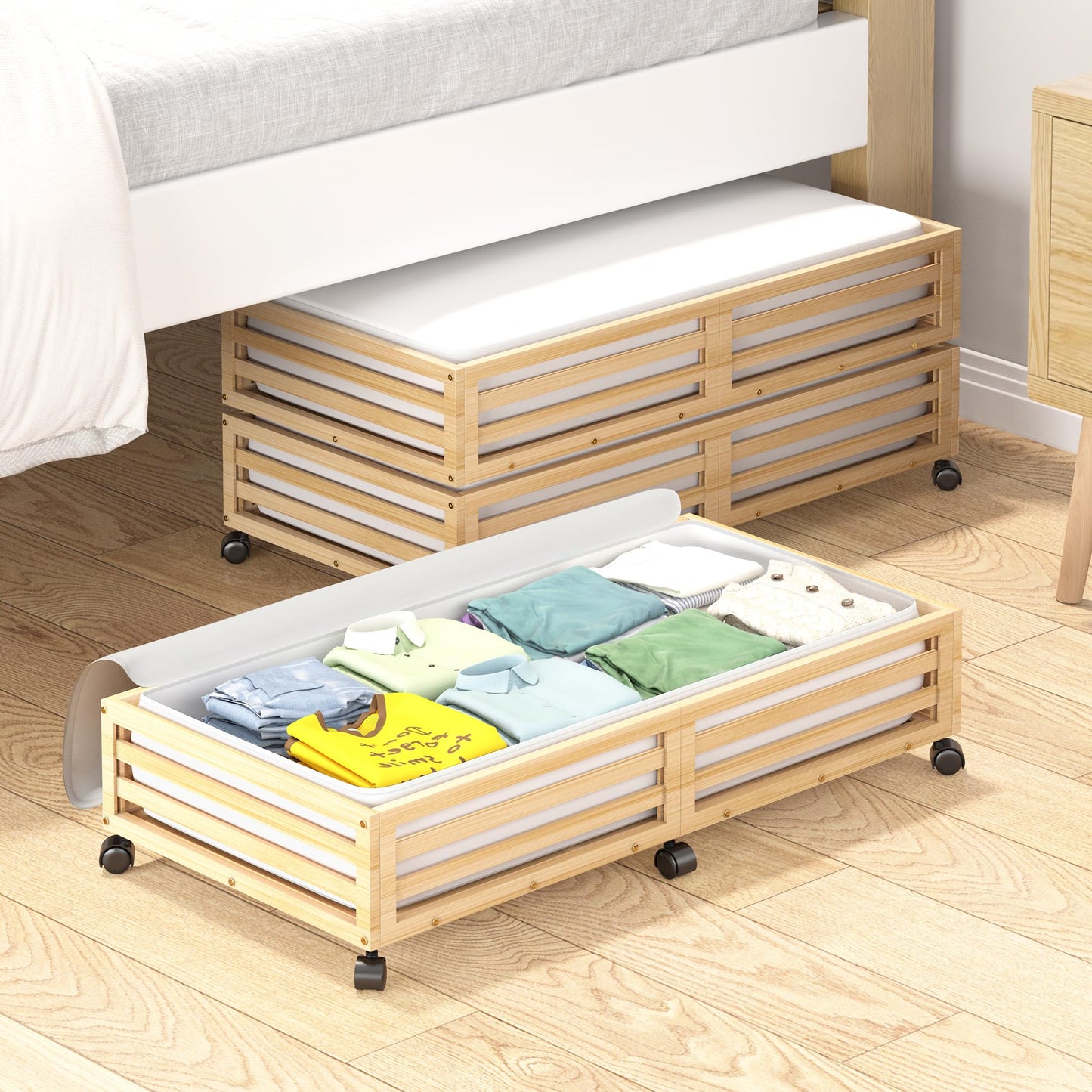 Wisuce Bamboo Under Bed Storage Containers- Underbed Organizer with Wheels with Dust Bag,Sturdy Wood Rolling Under the Bed Shoe Storage Organizer Drawers (Nature, 2 Pack (33.07"Ć16.54"))