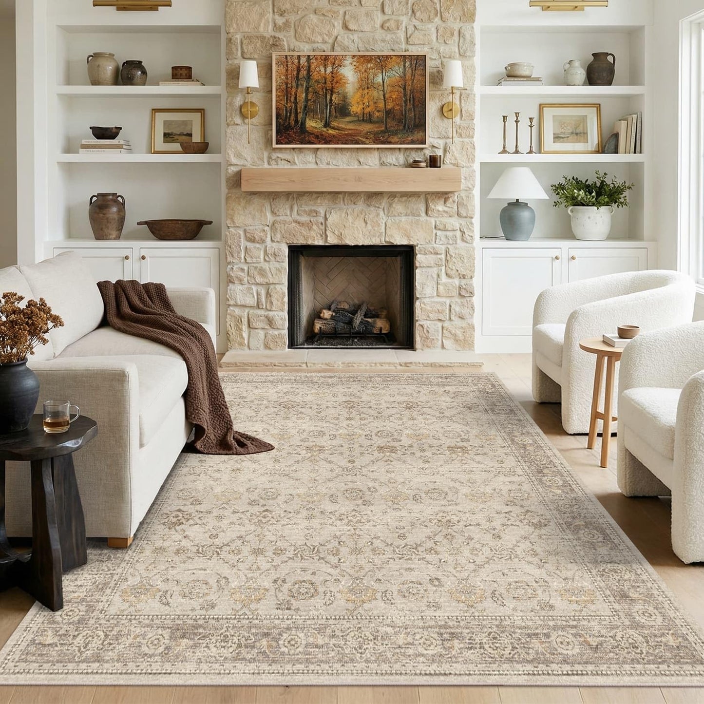 Lullosa Area Rugs 5x7 Washable Non-Slip, Beige Vintage Boho Traditional Carpet for Living Room, Nursery, Bedroom, Office, Laundry, Dining Room Table Rug