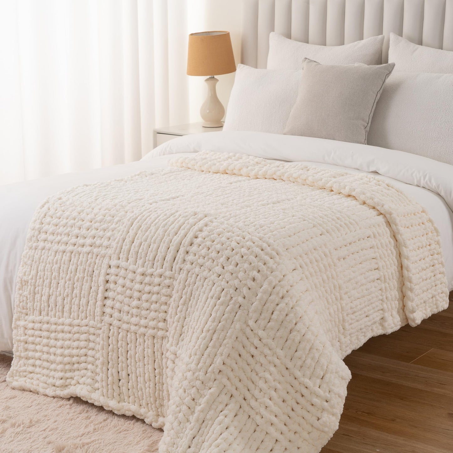 Bunnikins & Clover Cream White Hand Knitted Blanket with Chenille Yarn, Chunky Knit Ivory Throw Blanket for Bed Living Room Home Decor, 50"x60"